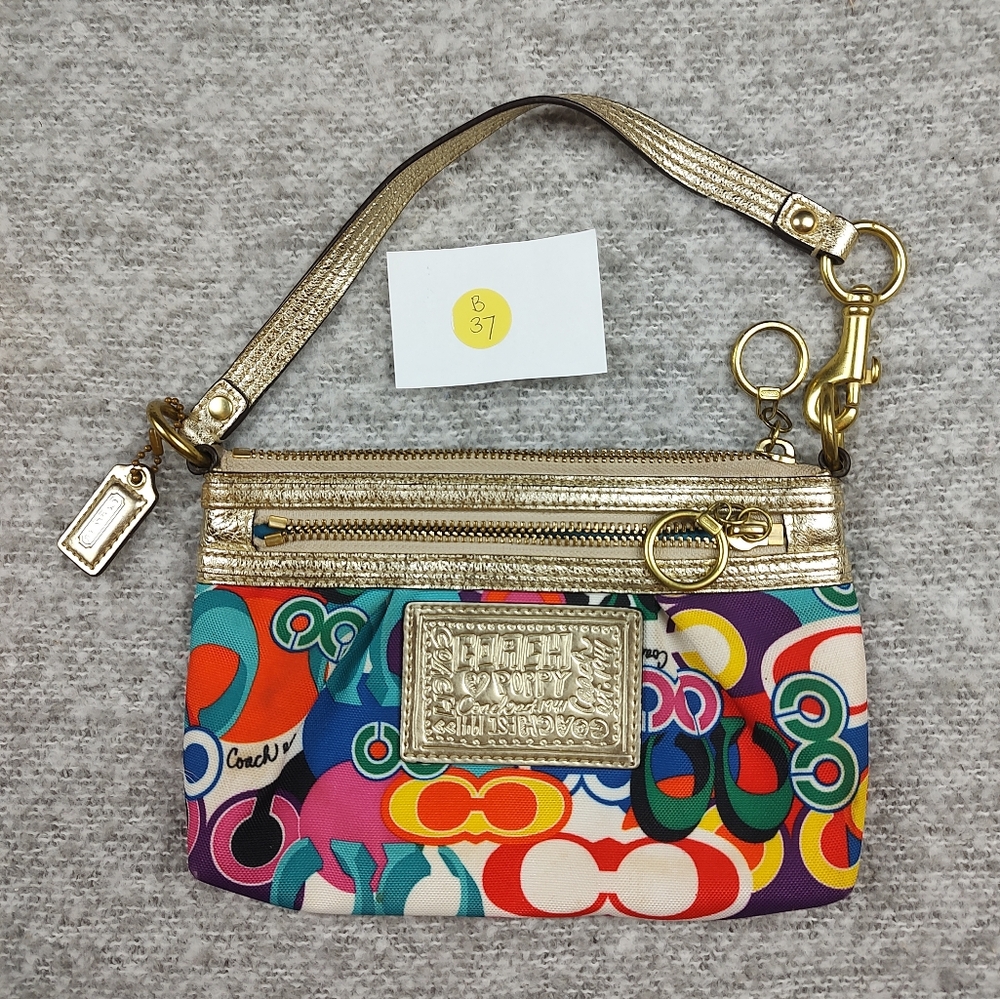 Coach Multicolor Signature Print Wristlet with Gold Trim